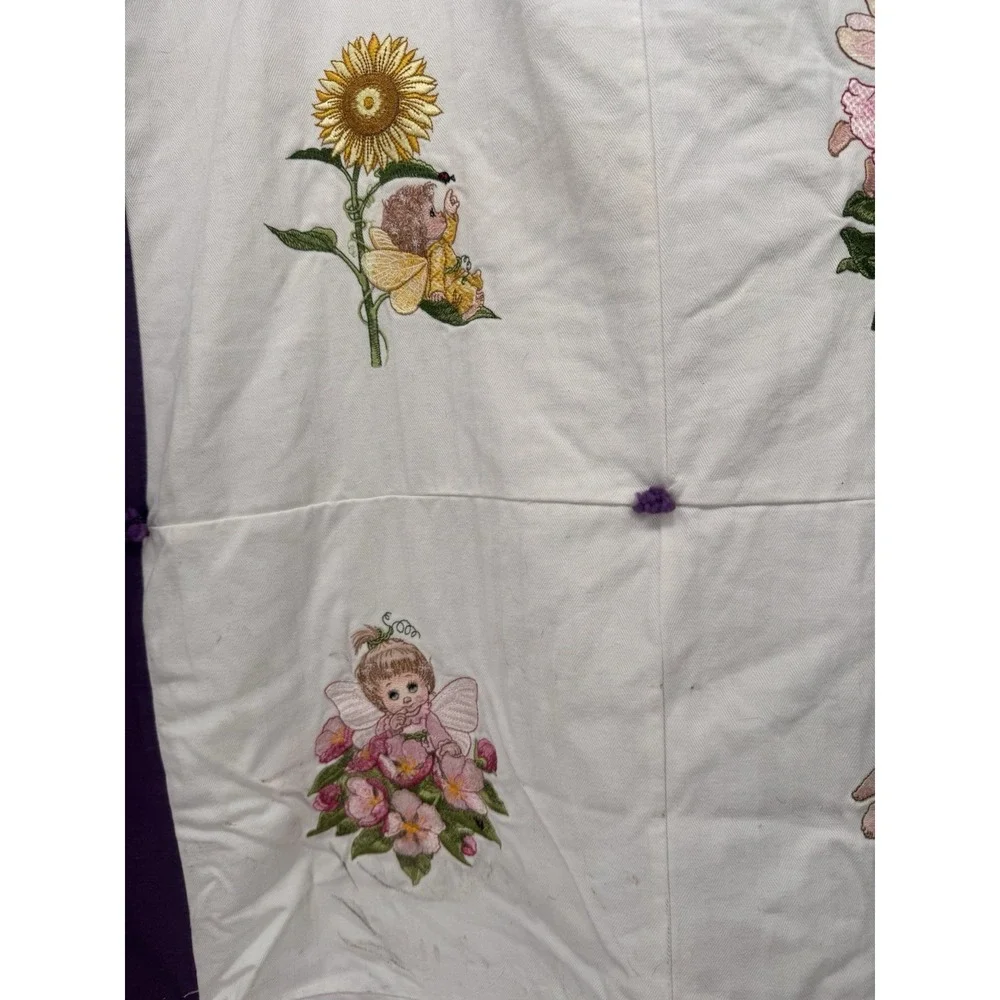 Vintage Handmade Fairy Quilt Embroidered Flower Baby Blanket Purple Cottagecore